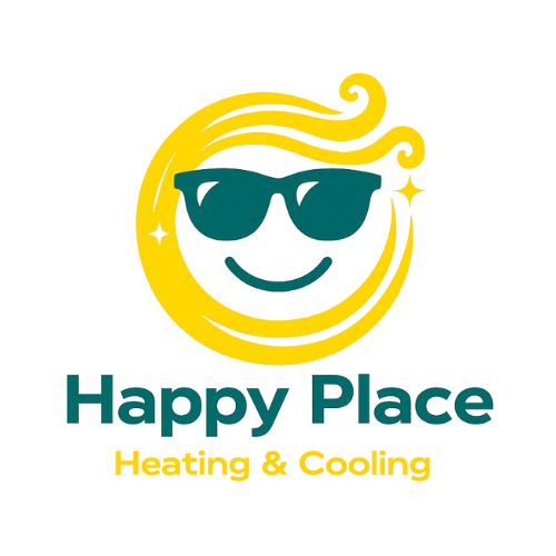 Smiling sun logo for Happy Place Heating & Cooling company